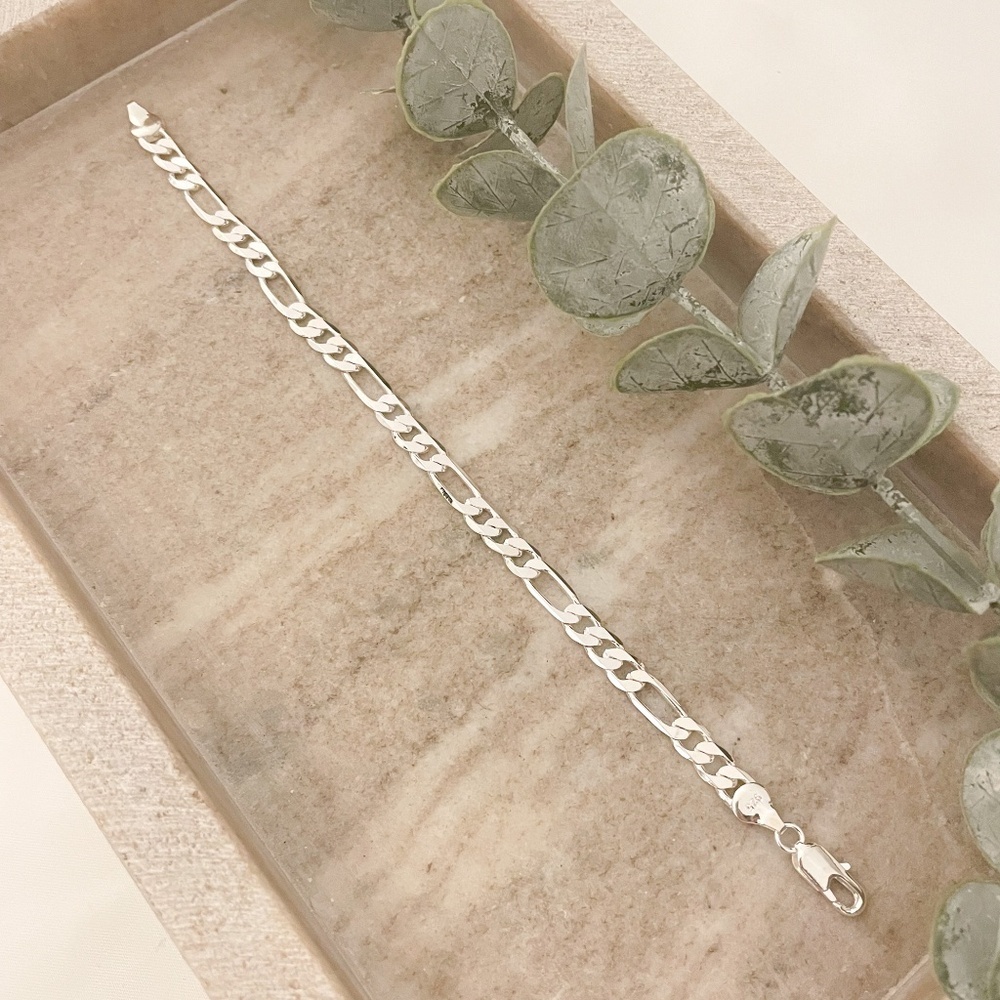 925 Sterling Silver Figaro Chain Bracelet Flat Link Bracelet Dainty Bracelet - Picture 3 of 3